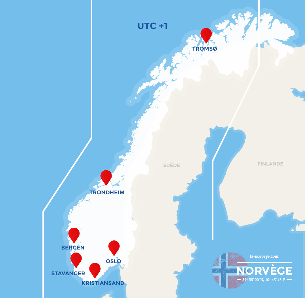 Carte Fuseau horaire en Norvèg